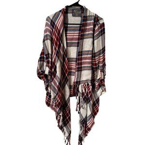 Natural Reflections Womens Red Plaid Fringe Cardigan Sweater Size Small Boho Wes
